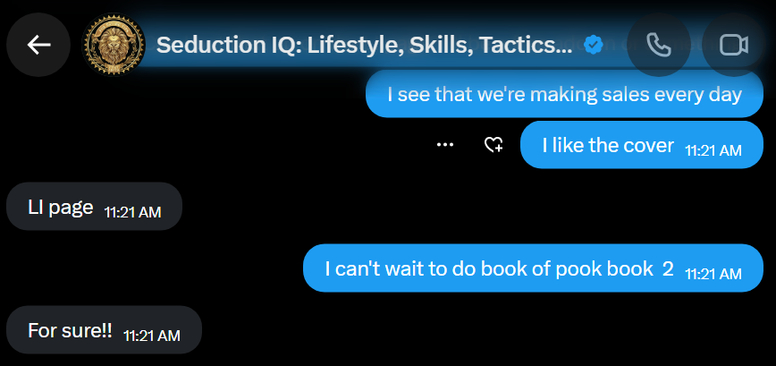 Messages between Harsh and Cory: “I see that we're making sales every day”, “I like the cover”, “I can't wait to do book of pook book 2”, “For sure!!”