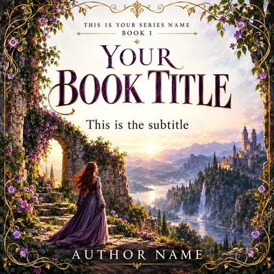 The square audiobook cover for the same book: a woman in a purple gown under a stone arch, looking out at a castle