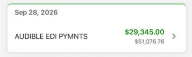 Audible payment of $29,345.00 on September 28, 2026