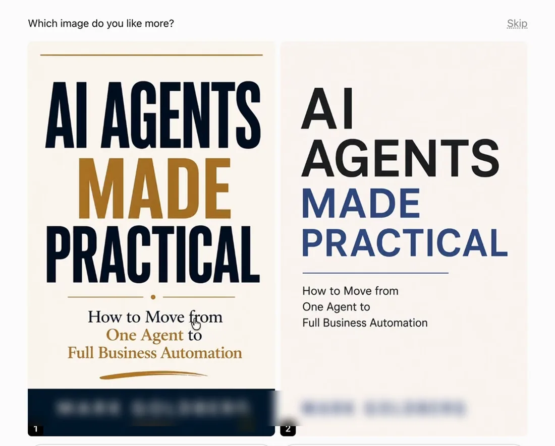 A still from lesson 27-7 of the course: ChatGPT shows two finished cover designs for the book AI Agents Made Practical and asks which one you like more.