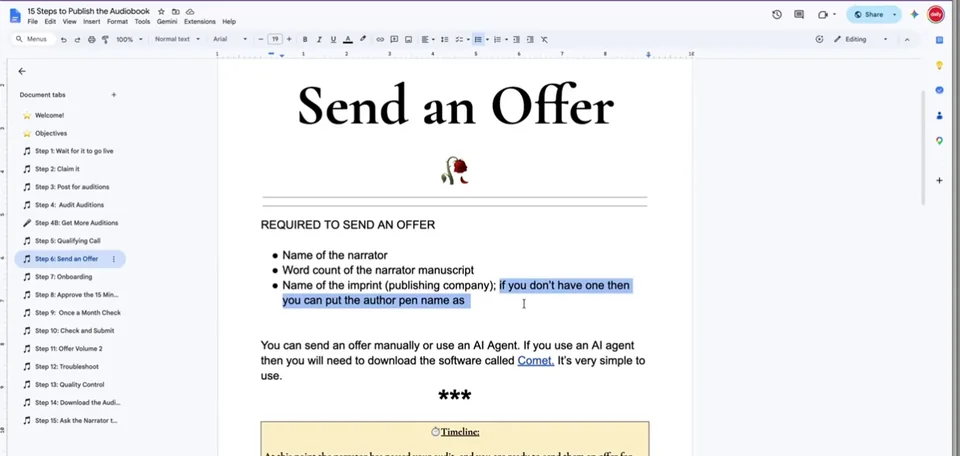 The 15 Steps to Publish the Audiobook document from lesson 39-6, open at step 6, Send an Offer, which lists what you need before sending a narrator an offer.