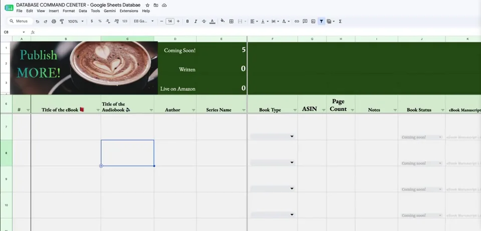 The Database Command Center spreadsheet from lesson 14, with columns for eBook and audiobook titles, author, series, book type, ASIN, page count and book status.
