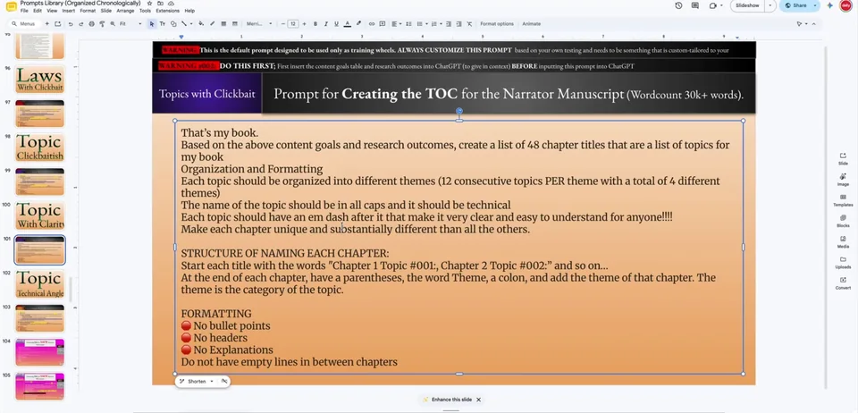 The Prompts Library from lesson 38-12, open at the prompt for creating the table of contents of a narrator manuscript.
